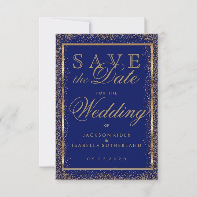 Save the Date Gold Confetti und Dark Blue (Vorderseite)