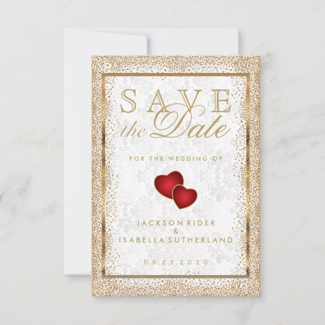 Save the Date Gold Confetti und White Damask (Vorderseite)
