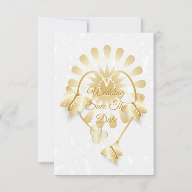 Save the Date Gold Floral Heart Butterfells Einladung (Vorderseite)