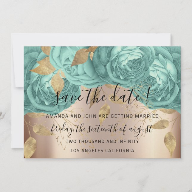 Save the Date Gold Floral Rose Aqua Blue (Vorderseite)