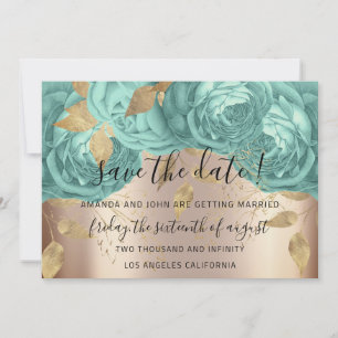 Save the Date Gold Floral Rose Aqua Blue