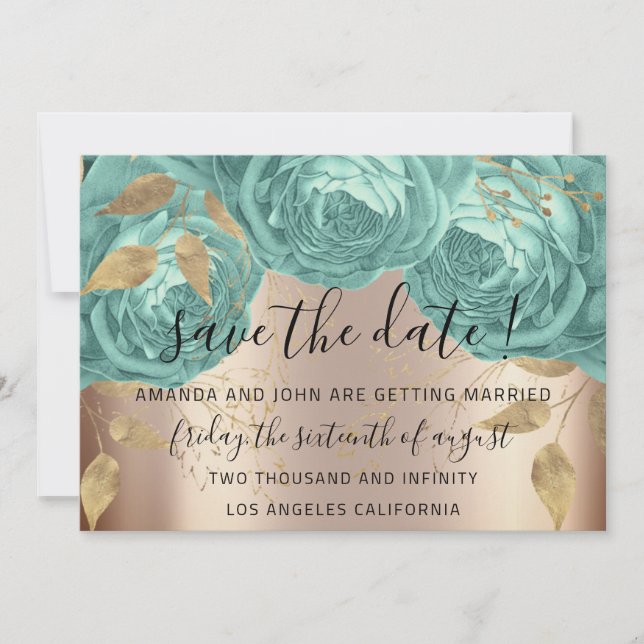 Save the Date Gold Floral Rose Aqua Tiffanyys (Vorderseite)