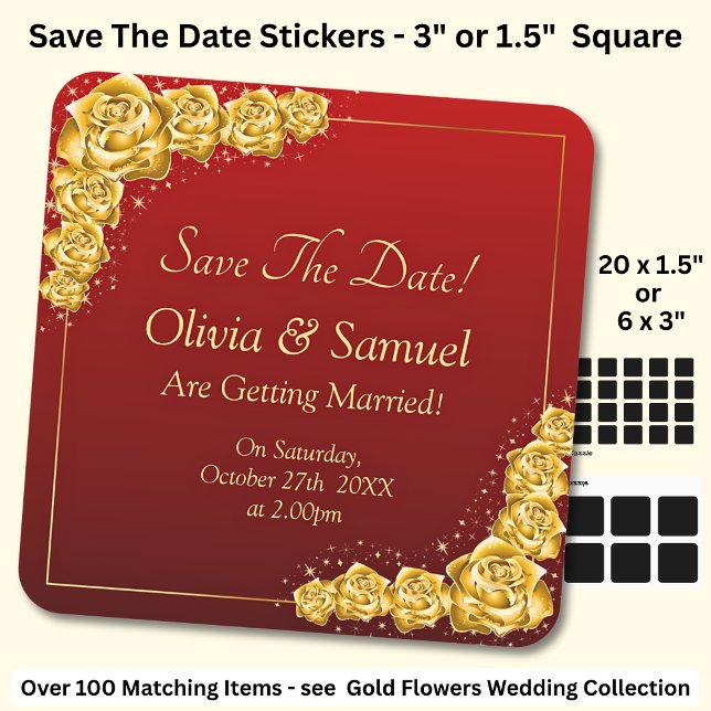 Save The Date - Gold Flowers Maroon Red  Quadratischer Aufkleber (Von Creator hochgeladen)