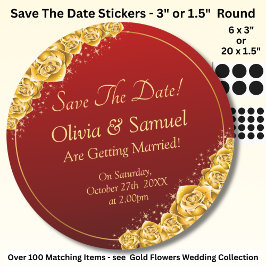 Save The Date - Gold Flowers Maroon Red  Runder Aufkleber