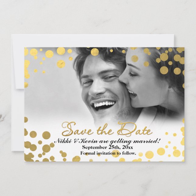 SAVE THE DATE Gold Foil Confetti Dots Fotokarte Einladung (Vorderseite)
