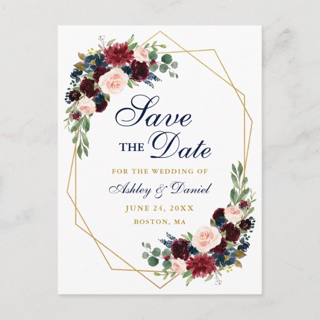 Save the Date Gold Frame Burgundy Blue Floral Ankündigungspostkarte (Vorderseite)
