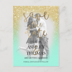 Save the Date Gold Glitzer Minze Script Foto Ankündigungspostkarte