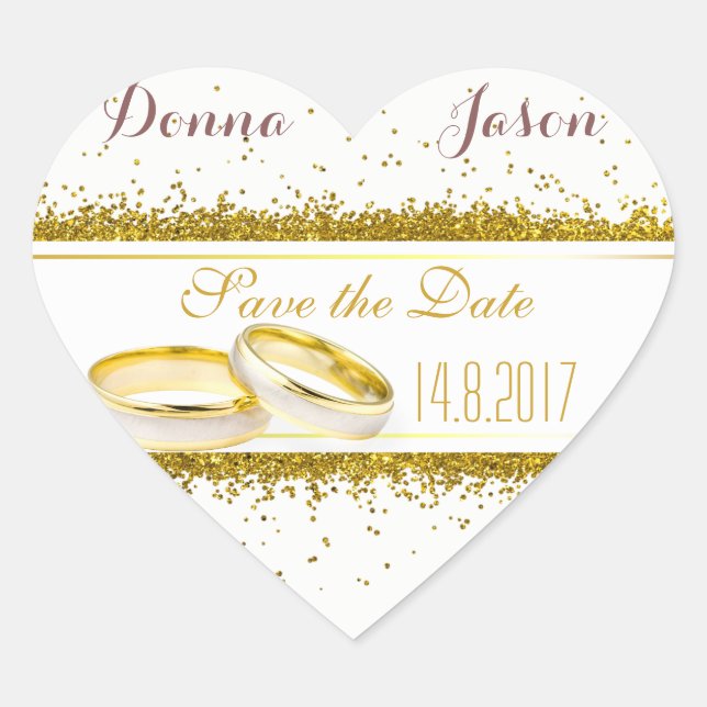 Save the Date Gold Glitzer Rings - Heftaufkleber Herz-Aufkleber (Vorderseite)
