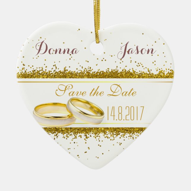 Save the Date Gold Glitzer Rings - Herzdekoration Keramik Ornament (Vorne)