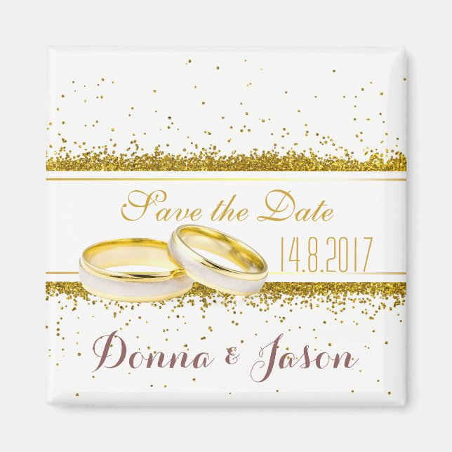 Save the Date Gold Glitzer Rings - Magnet (Vorne)
