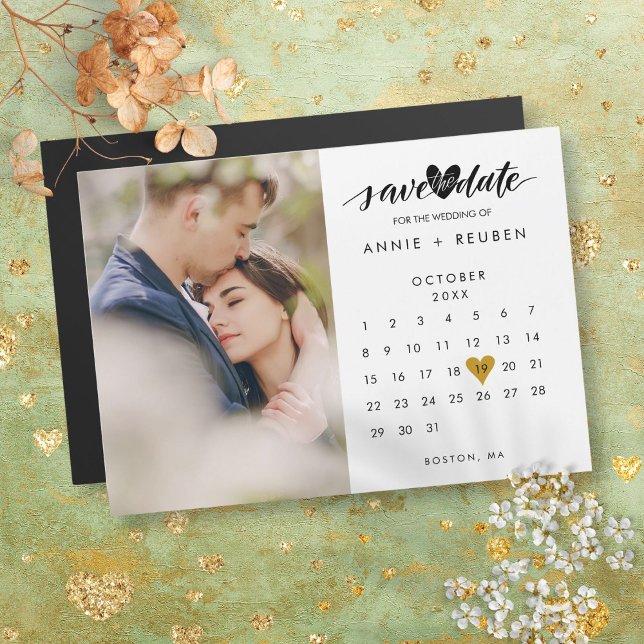 Save the Date Gold Heart Calendar Foto Magnetic Magnetkarte (Save the Date Gold Heart Calendar Photo Magnetic)