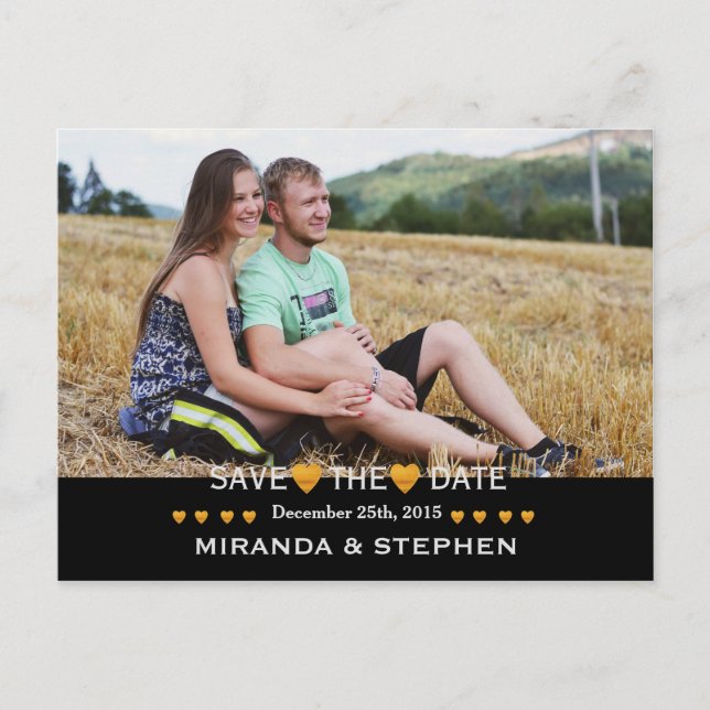 Save the Date Gold Heart Modern Wedding Foto Ankündigungspostkarte (Vorderseite)