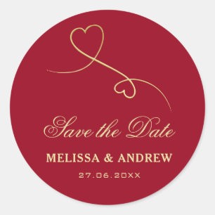 Save The Date   Gold Hearts Burgundy Pink Wedding Runder Aufkleber