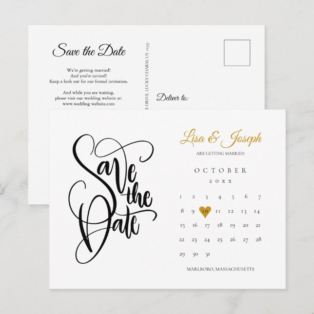 Save the Date Gold Heftkalender QR-Code Ankündigungspostkarte (Vorne/Hinten)