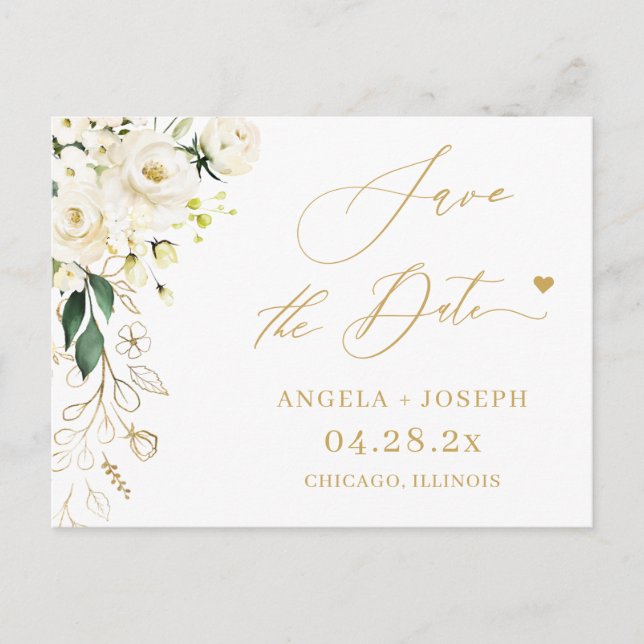 Save the Date Gold Script Green und White Floral Postkarte (Vorderseite)