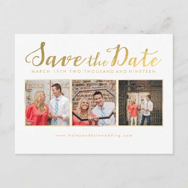 Save the Date Gold Script Typografie Fotokarten Ankündigungspostkarte (Vorderseite)