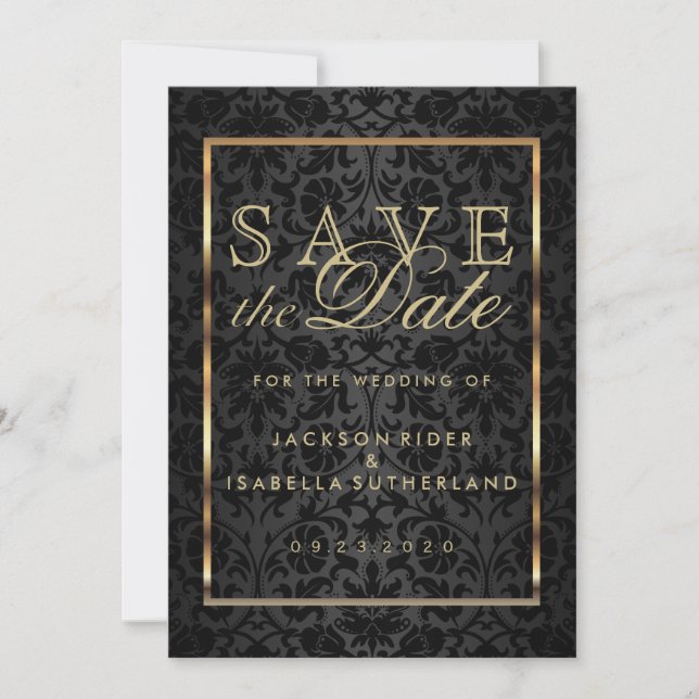 Save the Date Gold und Black Damask (Vorderseite)