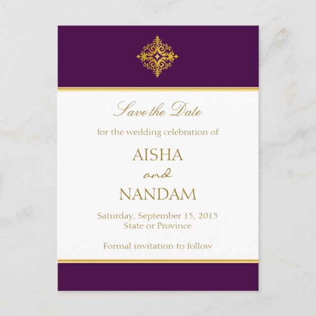 Save the Date Gold und Lila Postkarte (Vorderseite)