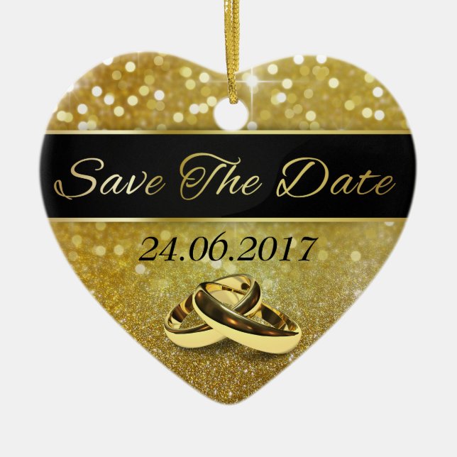 Save the Date Gold Wedding Rings - Herzdekoration Keramikornament (Vorne)