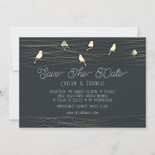 Save the Date Gold Woodland Foto Hütte Vögel Einladung