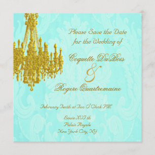Save the Date Golden Chandelier und Aqua Damask