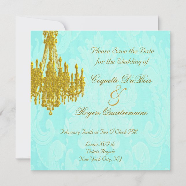 Save the Date Golden Chandelier und Aqua Damask (Vorderseite)