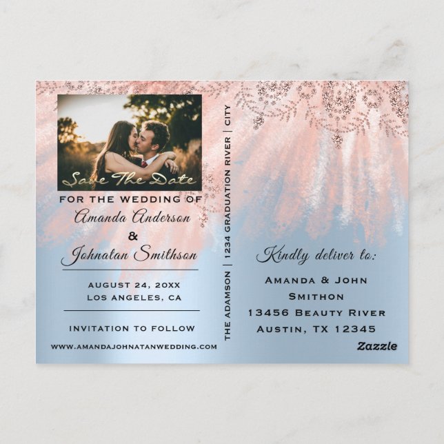 Save the Date Golden Script Foto Rose Royal Blue Postkarte (Rückseite)