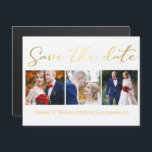 Save the Date goldener Kollage-Magnet für Hochzeit Magnetkarte<br><div class="desc">elegante,  stilvolle Save the Date,  minimalistische goldene Kalligraphie,  Hochzeit von drei Fotos Collage Magnet.</div>