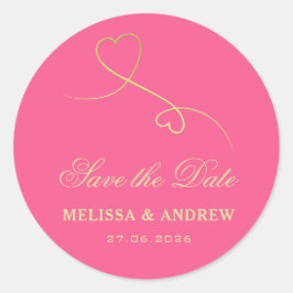Save The Date | Goldherzen Fuchsia Pink Hochzeit Runder Aufkleber