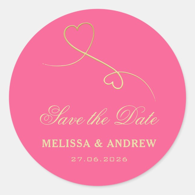 Save The Date | Goldherzen Fuchsia Pink Hochzeit Runder Aufkleber (Vorderseite)