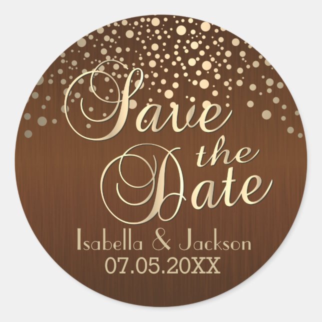 Save The Date | Goldpunkte und braun | Personalisi Runder Aufkleber (Vorderseite)