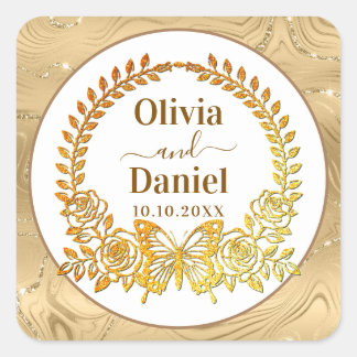 Save the Date, Goldschmetterling und Blume Quadratischer Aufkleber