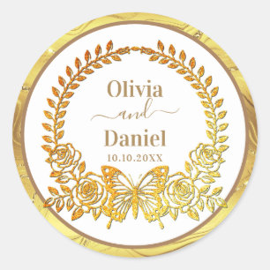 Save the Date, Goldschmetterling und Blume Runder Aufkleber