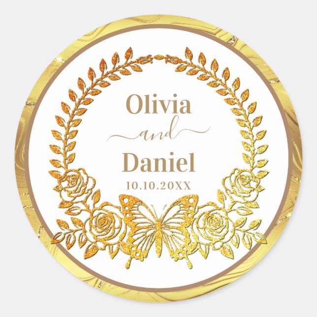 Save the Date, Goldschmetterling und Blume Runder Aufkleber (Vorderseite)