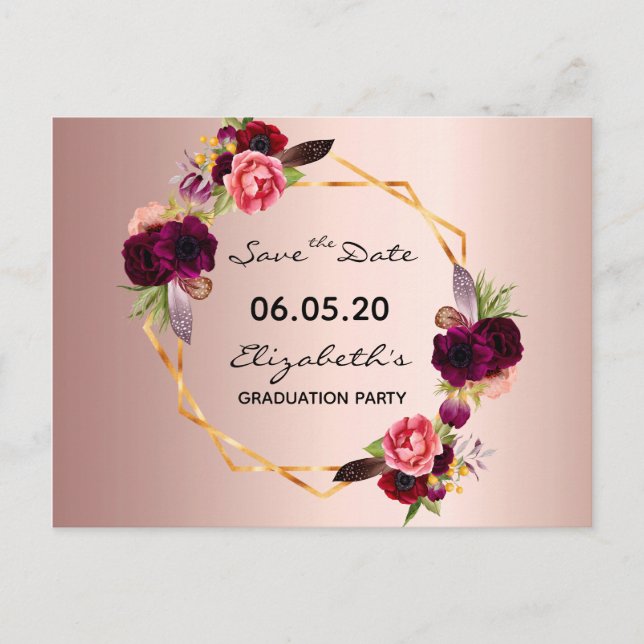 Save the Date Graduiertengold Rose Postkarte (Vorderseite)