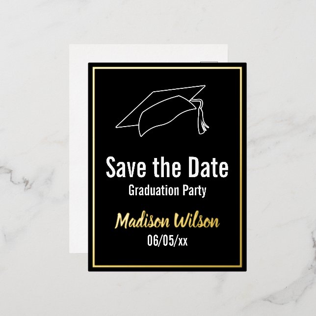 Save the Date Graduierungspartei Schwarz-weiß Gold Folie Einladungspostkarte (Vorderseite/Rückseite)