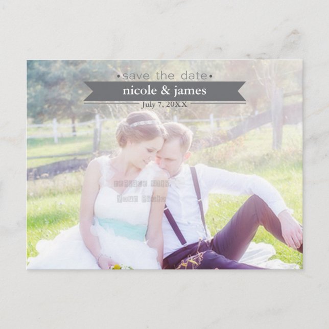 SAVE THE DATE graue Typografie Foto Postkarte (Vorderseite)