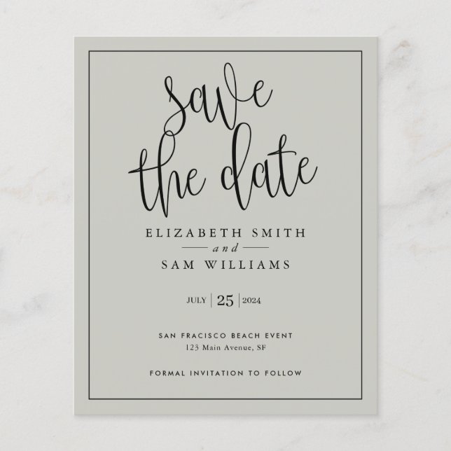 Save the Date Gray Elegant Simple Budget Flyer (Vorne)