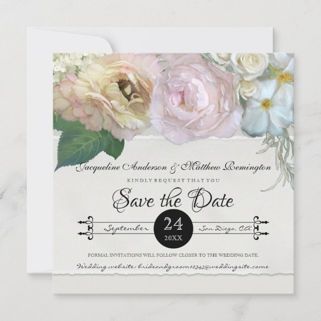 Save the Date Gray Ombre Blume Peony Rose Einladung (Vorderseite)
