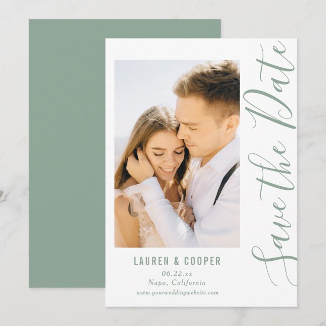 Save the Date Green Stilschrift Modern Wedding (Vorne/Hinten)