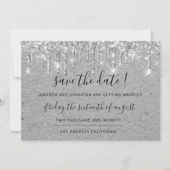 Save the Date Grey Kraft Silver Tropfens Glitzer (Vorderseite)