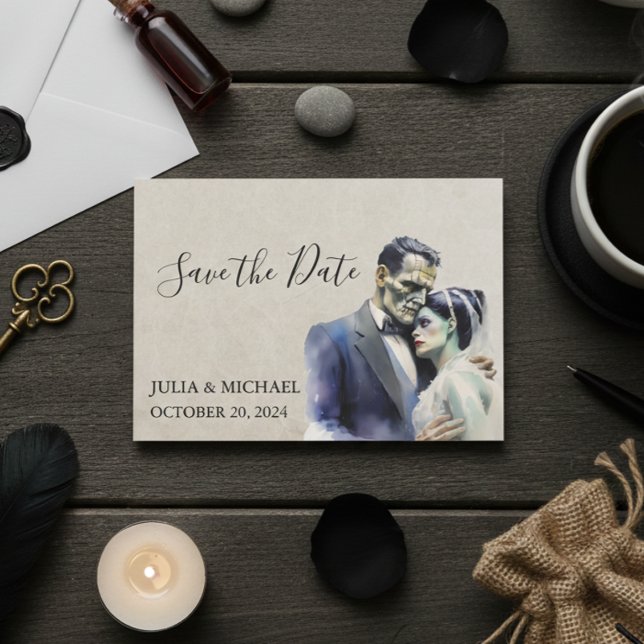 Save the Date Halloween Frankenstein Bride Mitteilungskarte (Von Creator hochgeladen)