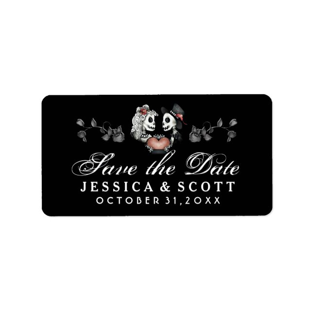 Save the Date - Halloween Skelette und Herz-Label Adressaufkleber (Vorne)
