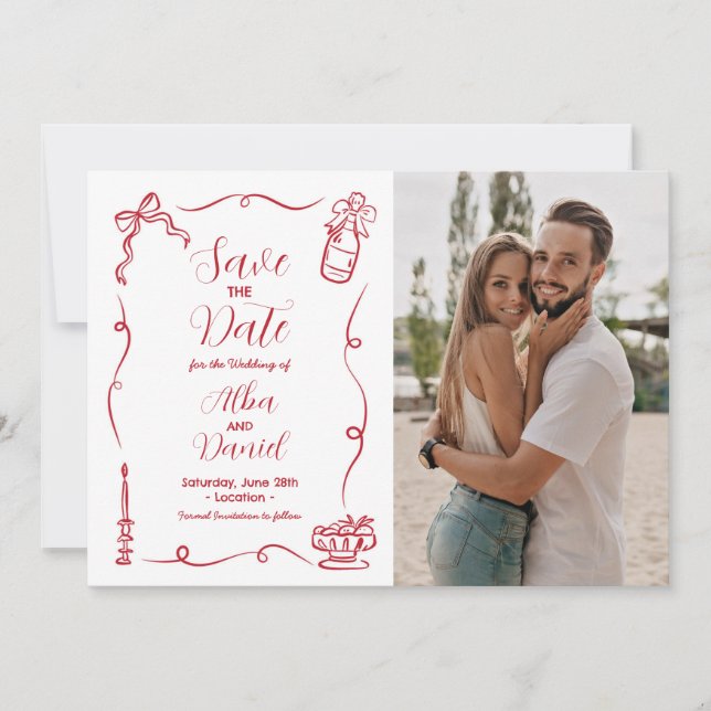 Save the Date Hand gezogen Illustriert Whimsical (Vorderseite)