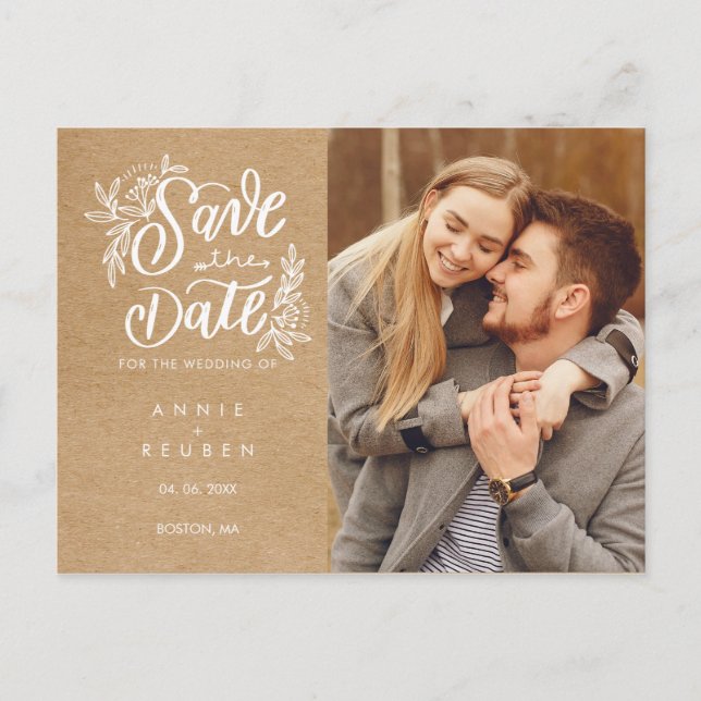 Save the Date Handschrift Foto Rustic Kraft Ankündigungspostkarte (Vorderseite)