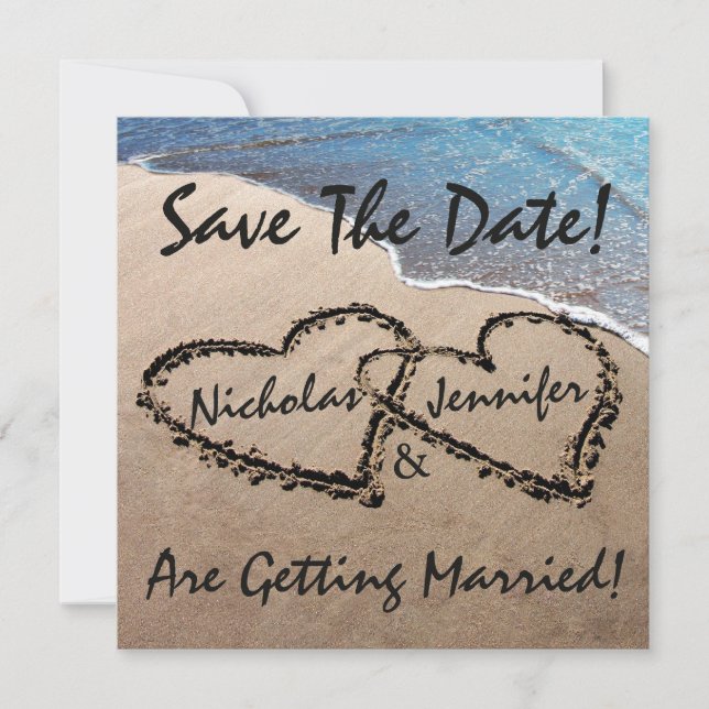 Save the Date Hearts Sand Beach Hochzeit Einladung (Vorderseite)