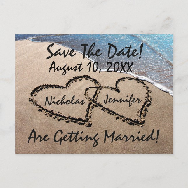 Save the Date Hearts Sand Beach Hochzeit Postkarte (Vorderseite)