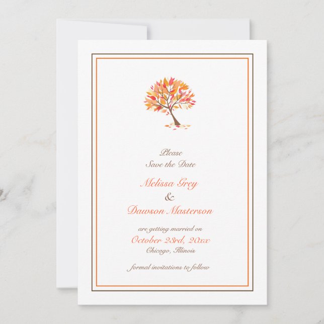 Save the Date Herbst Thema Tree Flachkarte (Vorderseite)