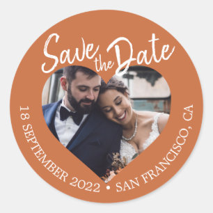 Save the Date Herz Foto Burnt Orange Runder Aufkleber