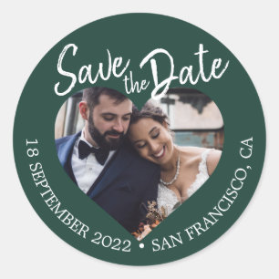 Save the Date Herz Foto Dark Green Runder Aufkleber